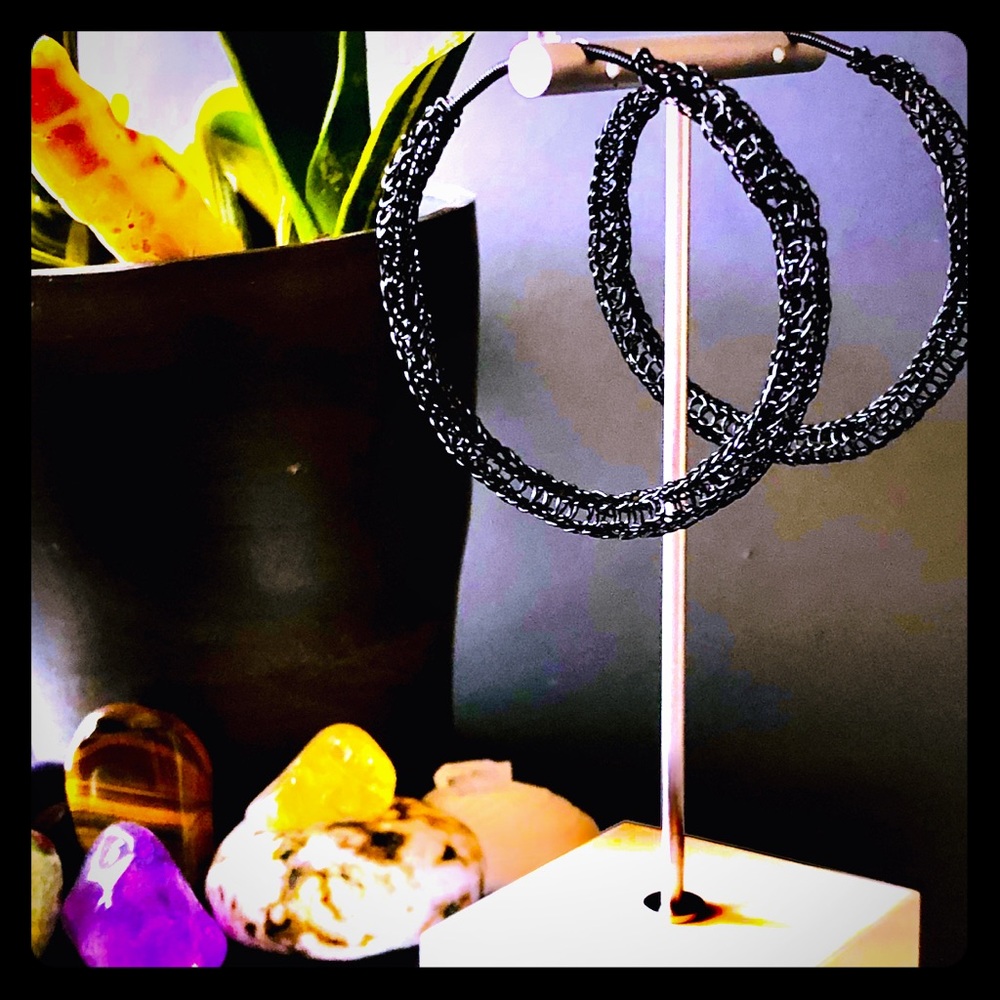 2.25” Handmade Black Lightweight crocheted Hoops